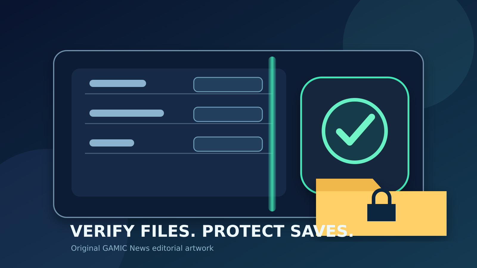 Original editorial illustration of a PC game library passing through a file integrity scanner while a save folder remains protected